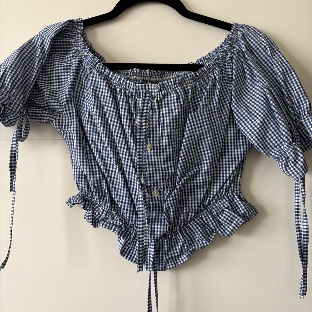 Reformation Navy Gingham Puff Sleeve Blouse